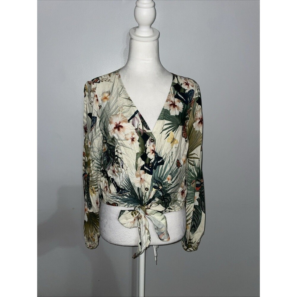 H&M Womens 6 Tropical Palm Floral Wrap Crop Top Tie Front Beach